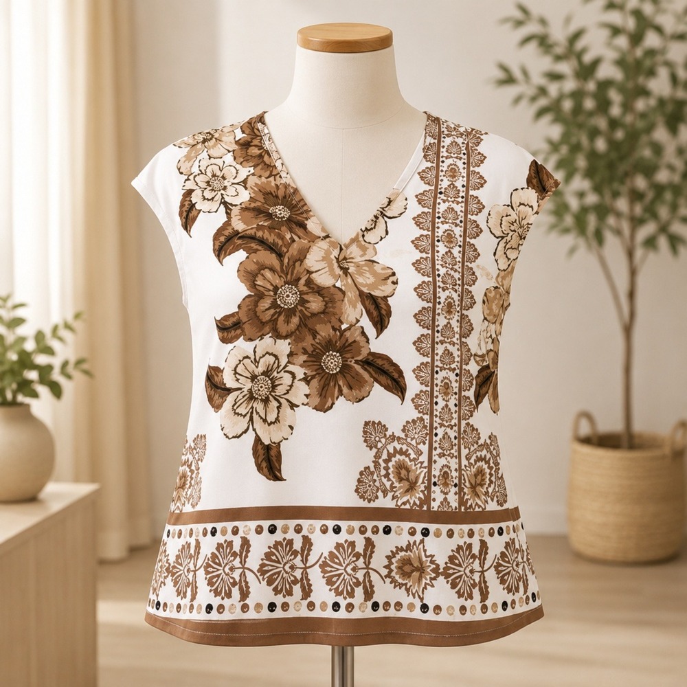 NWT Halogen Cap Sleeve Top Womens Size‎ S Oxford Tan Floral V-Neck HA203055MI